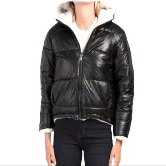 NVLT Anthropologie Black & Ivory Teddy Sherpa Lined Reversible Puffer Coat - Picture 1 of 8
